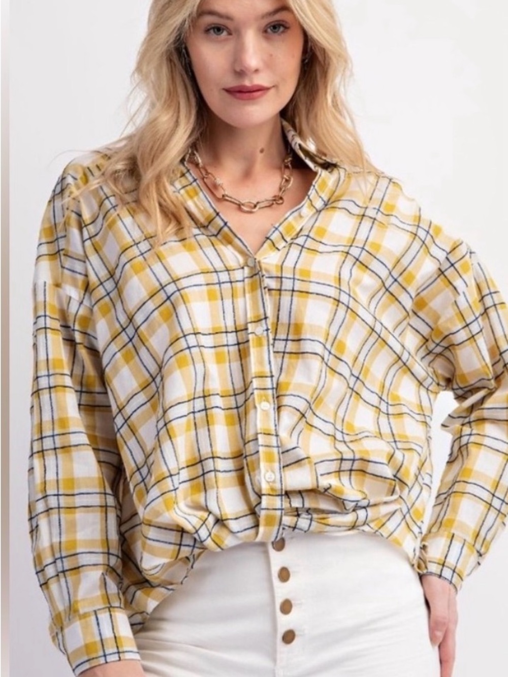 Easel Yellow Plaid Oversized Button Down Shirt Cotton Medium